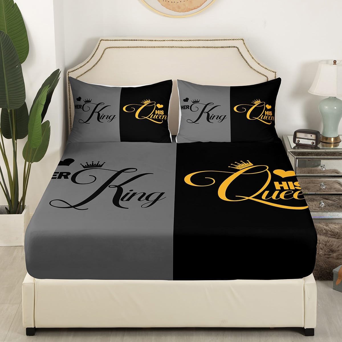 King and Queen Fitted Sheet Her King and His Queen Crown Sheets Queen Size Bed Set,Romantic Valentine's Day Bed Sheets 50th, Couple Gifts for Him and Her