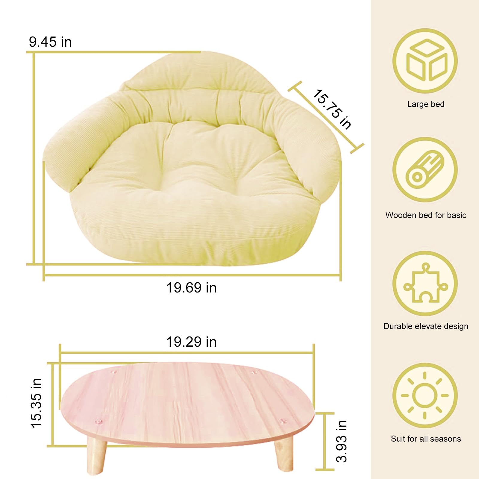 سرير اريكة للقطط والكلاب والقطط، سرير اريكة للقطط والحيوانات الاليفة في الاماكن المغلقة، سرير خشبي مرتفع للقطط مع غطاء مرتبة قابل للازالة، عبوة ثلج مجانية، للاستخدام في الصيف (اصفر ليموني)