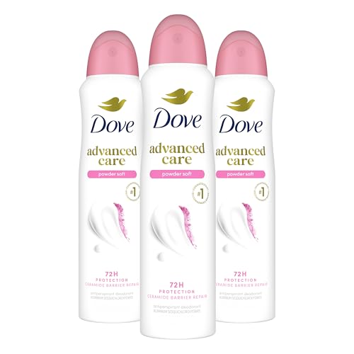 Dove Advanced Care Antiperspirant Deodorant Spray Powder Soft 3 Count to help skin barrier repair after shaving 72 hour antiperspirant deodorant for soft underarms with boosted ceramide levels 3.8 oz
