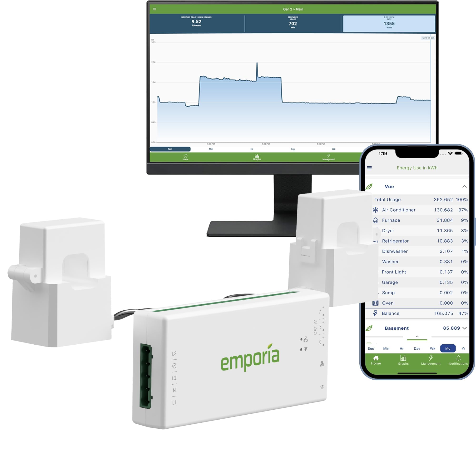 Smart Home Energy Monitor | Vue - Real Time Electricity Monitor/Meter | Solar/Net Metering | (Monitor Only)