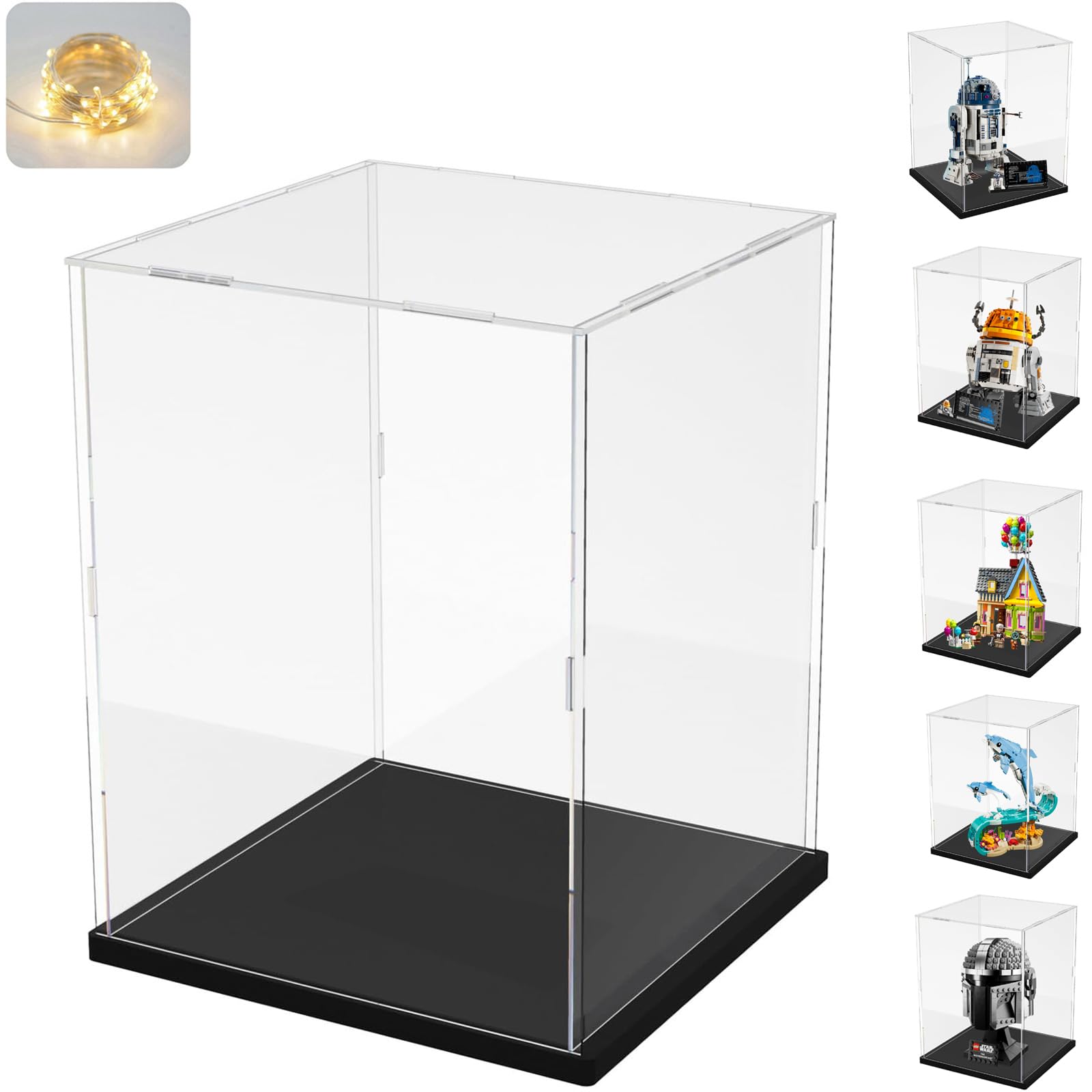 3mm Clear Acrylic Display Case for Lego 75379 R2-D2 Mini 75416 C1-10P 43217 ‘Up’ House31385 76343 76341, 75328 Mandalorian Helmet 75408 75349 Collectibles Transparent Box, Black Inside 7.9x7.9x11.8in — image 1