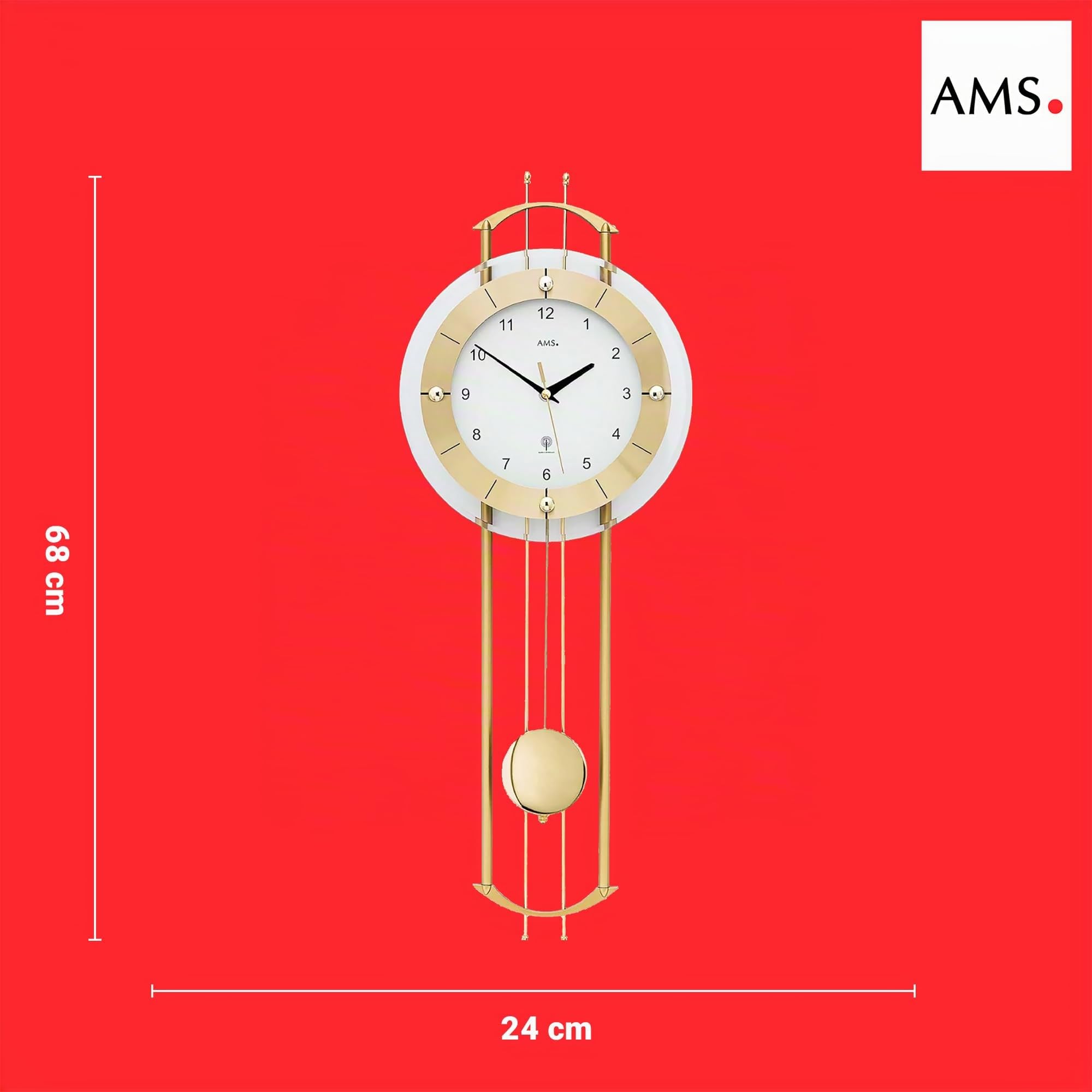 AMS 5257 Wanduhr - mit Funkpendelwerk, Elegante Funkpendeluhr, Uhr mit Pendel, Funkwanduhr mit arabischen Ziffern, Facettiertes Mineralglas, Pendeluhr für Wohnzimmer & Büro, Maße: 68 x 24 x 7 cm