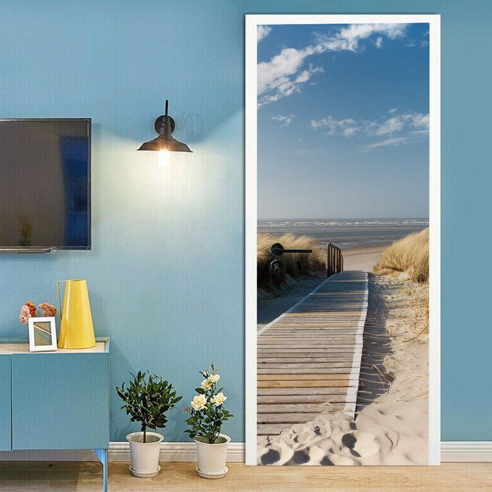 Sticker porte paysage plage ciel bleu 88x200cm papier peint amovible etanche