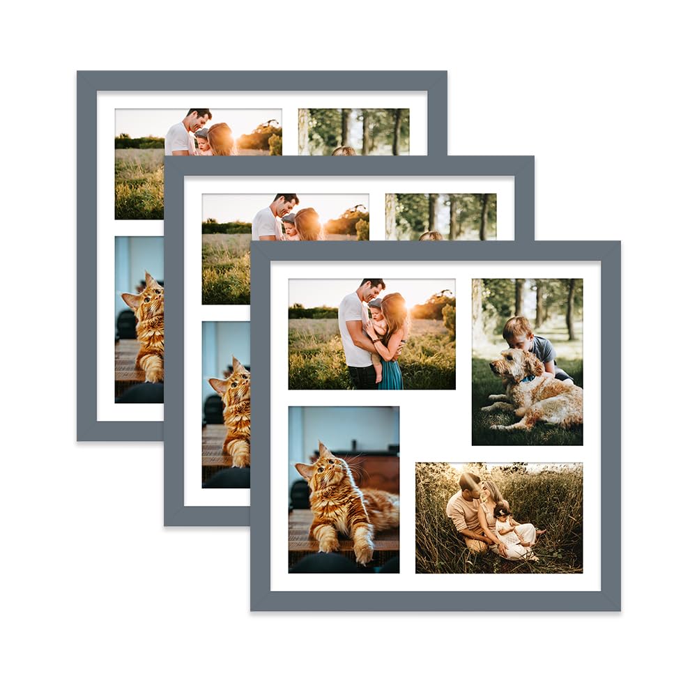 Grey Multi Photo Frame - Holds 4 x 6x4 Pictures, Family Collage Picture Frame for Wall Display, 12x12 Frame size, Set of 3