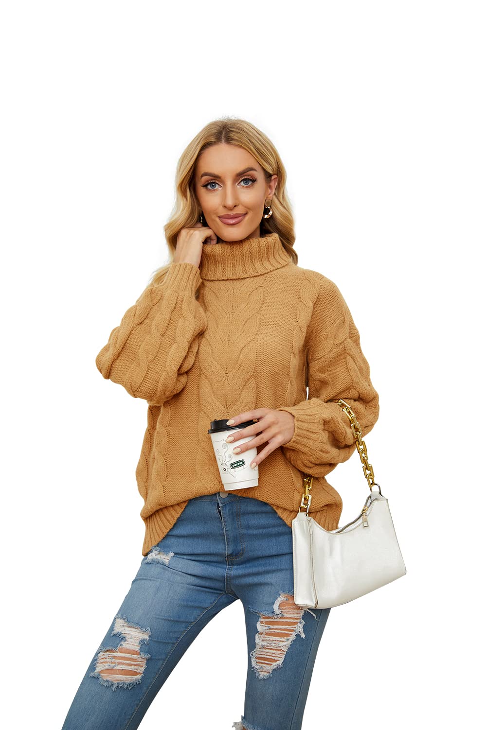 Basicspace Damen Winter Herbst Solider Rollkragenpullover Stehkragen Lässiger Lockerer Ballon Langarm Strickpullover Zopfmuster Pullover Oberbekleidung