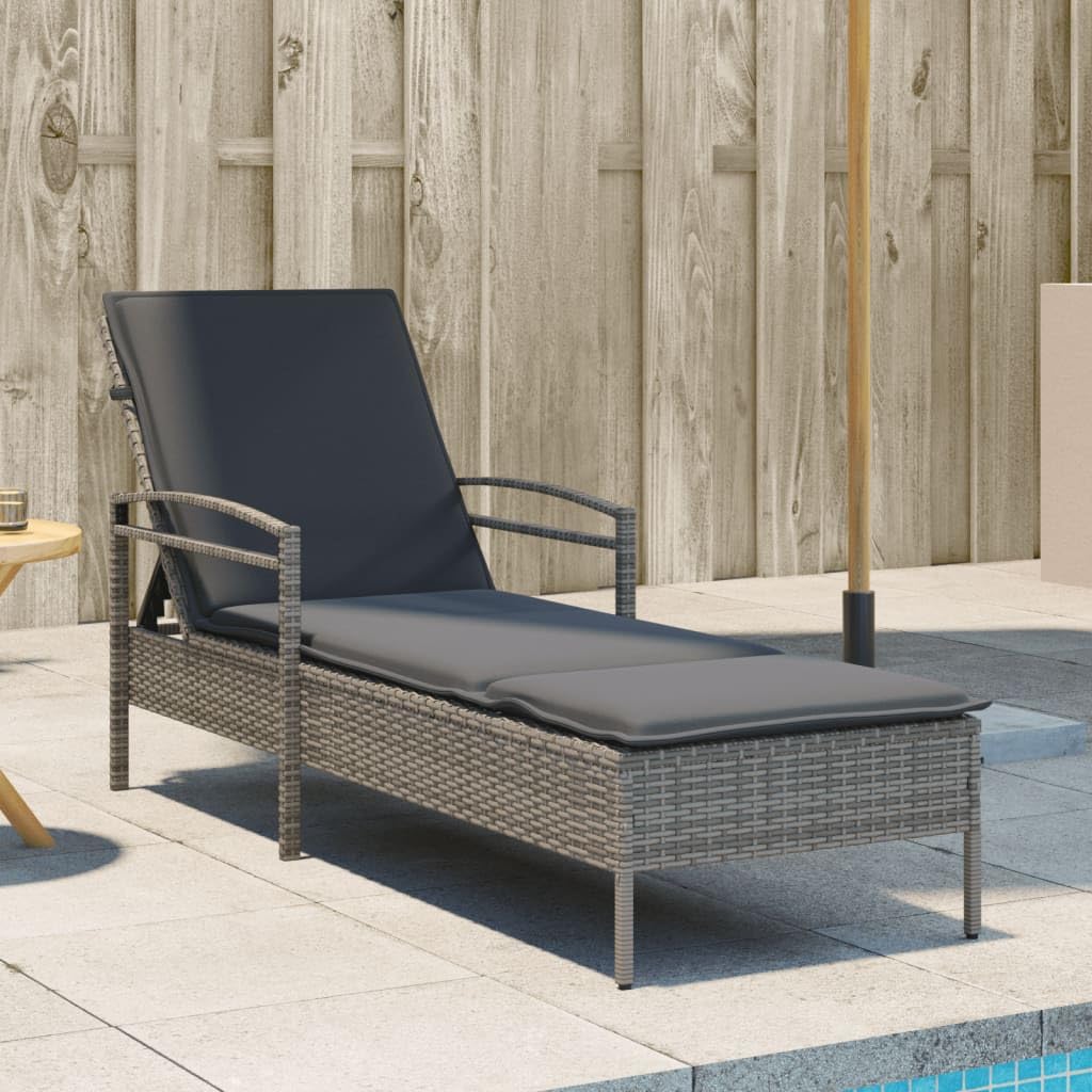 Polirattan Leżak ogrodowy z poduszką szary 63x200x81 cm regulowane oparcie 3 poziomów składany tarasowy z podłokietnikami PE rattan stal malowana proszkowo leżak zewnętrzny wygodny balkonu na basen