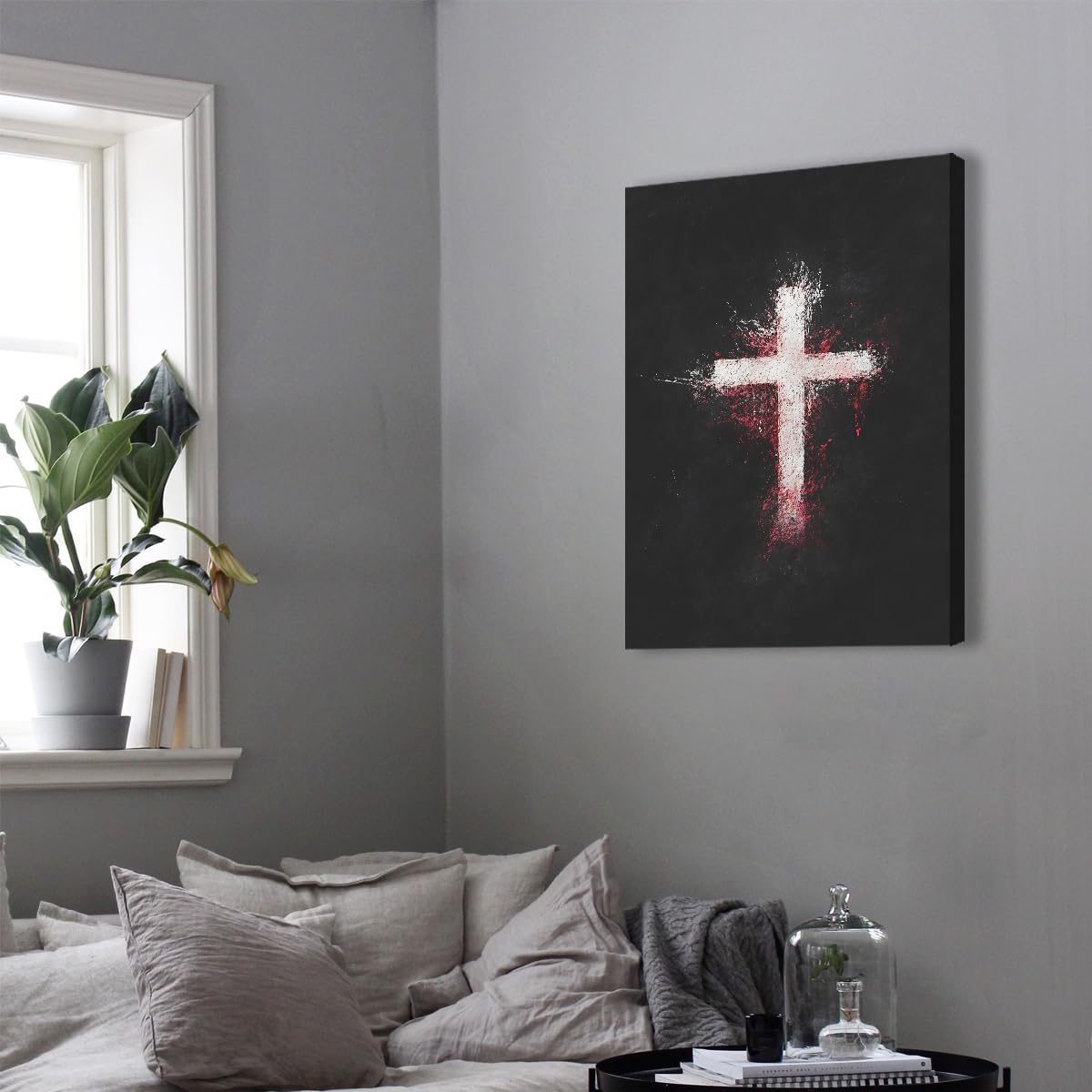 TOANGWALL Religijne płótno ścienne postarzany biały krzyż obraz ścienny czerwona farba w sprayu wydruki do dekoracji salonu oprawione obrazy ścienne 85 x 100 cm