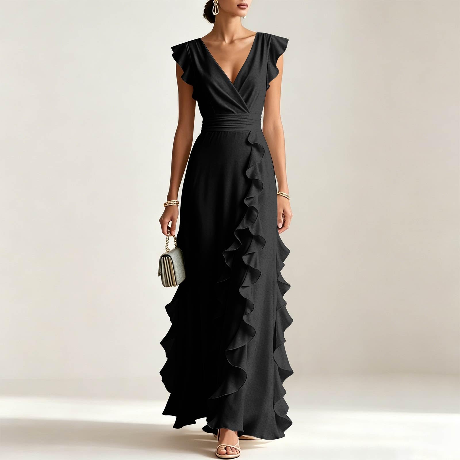 Kleid Hochzeitsgast Damen Chiffon Lang A Linie Abendkleider Elegant Für Hochzeit Festliche Kleider Tailliert V Ausschnitt Sommerkleider Frauen Leicht Und Luftig Sommerkleid Rüschen Ballkleid