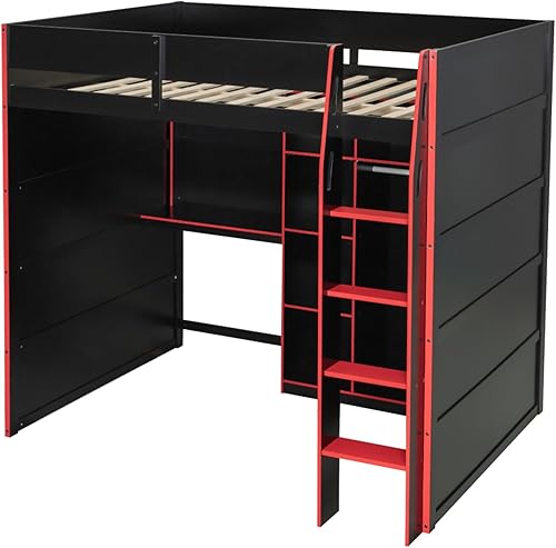 Miniatura 33 de Cama loft de madera para juegos de tamaño matrimonial con escritorio para computadora y luces RGB, cama para juegos, armario abierto integrado y