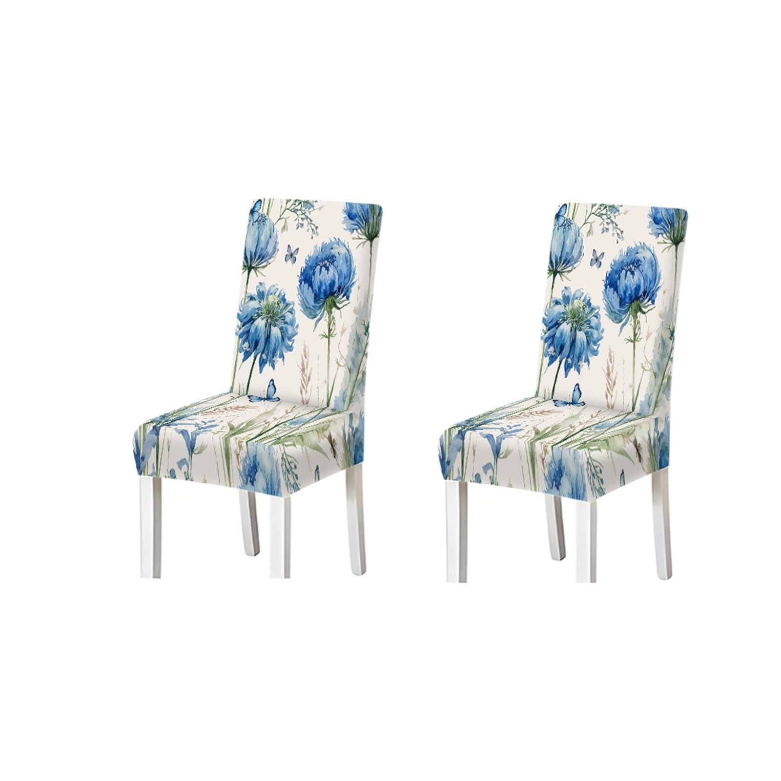KXUAUV Watercolor Blue Wildflower Butterfly Pattern Print Dining Chair Covers Set Of 2/4/6, Stretch Slipcovers For Kitchen Dining Room Seat Protectors for Restaurant Hotel Party(2PCS Chair cover)