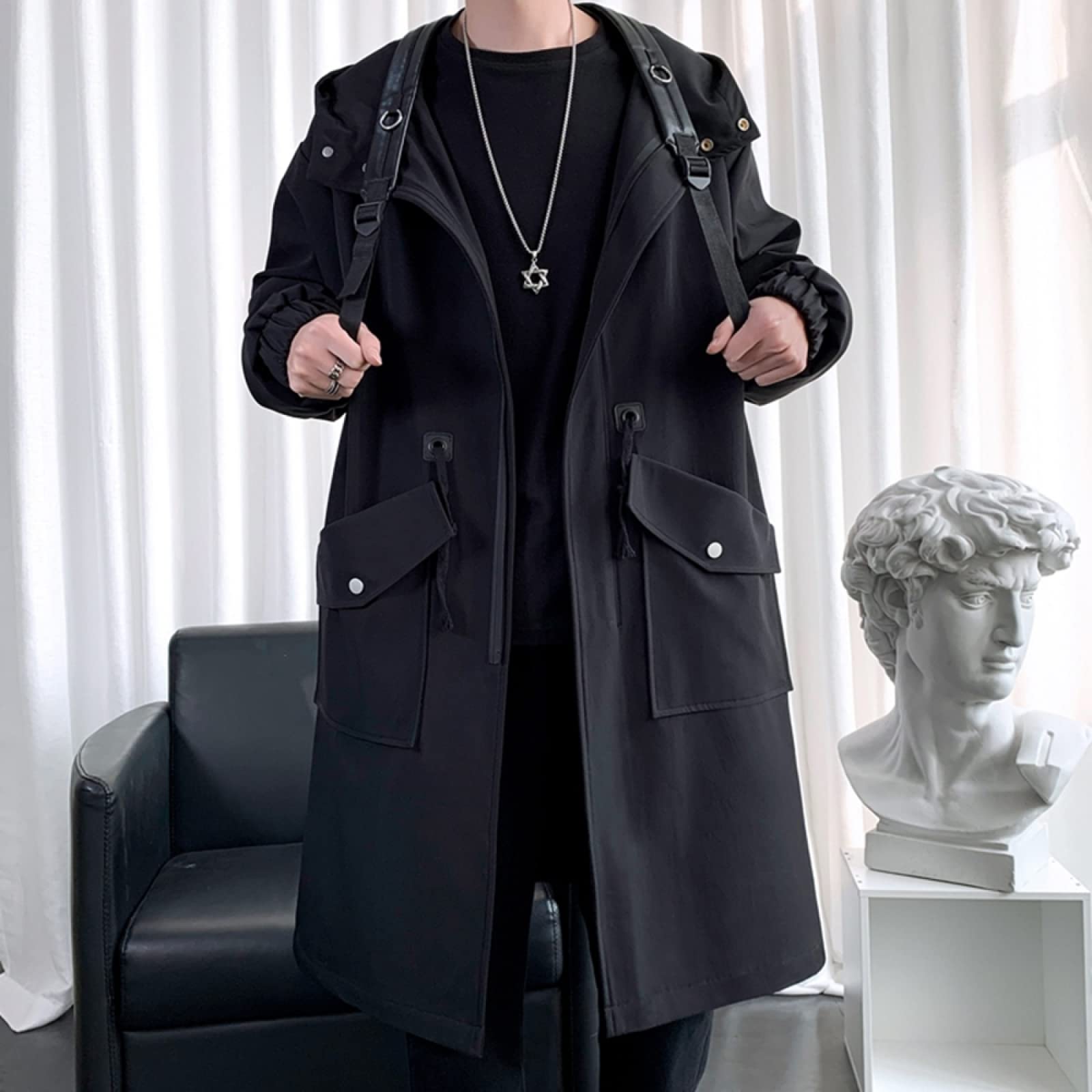 Long Trench Coat Jacket Men's Cotton Autumn Spring Black Hip Hop