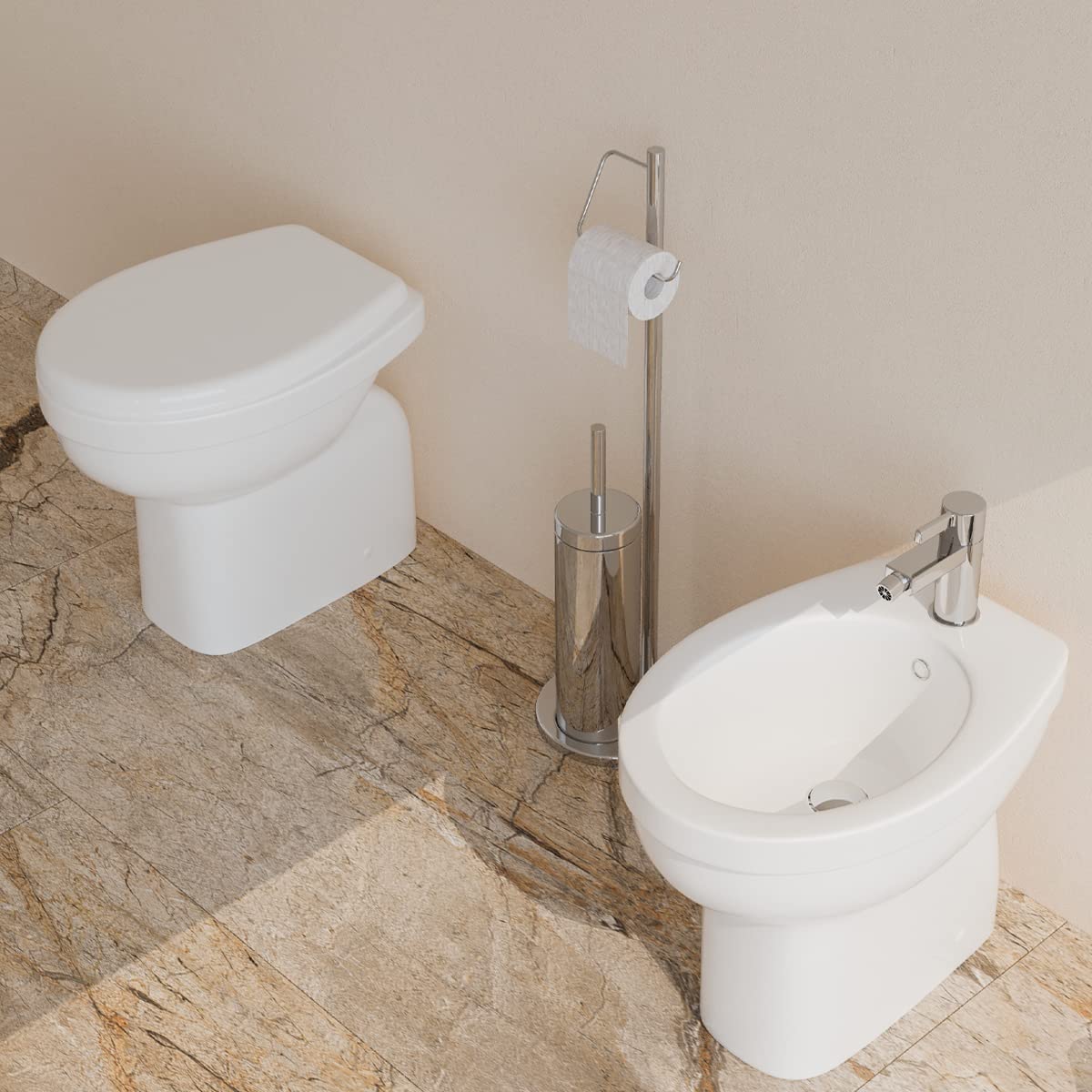 Bidet e Vaso WC in ceramica scarico a pavimento con sedile coprivaso Venezia
