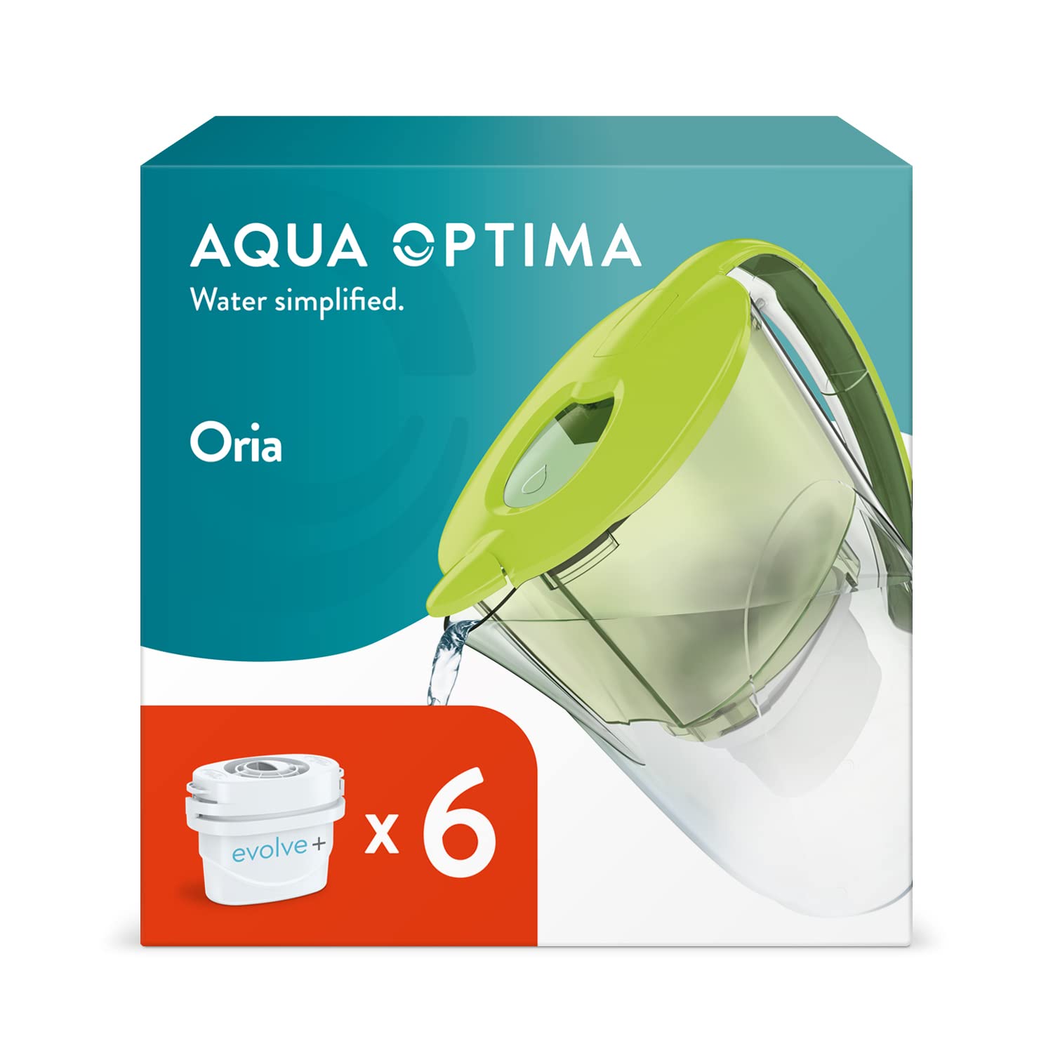 Aqua Optima Oria Water Filter Jug & 6 x 30 Day Evolve+ Filter Cartridge, 2.8 Litre Capacity, for Reduction of Microplastics, Chlorine, Limescale and Impurities, Green
