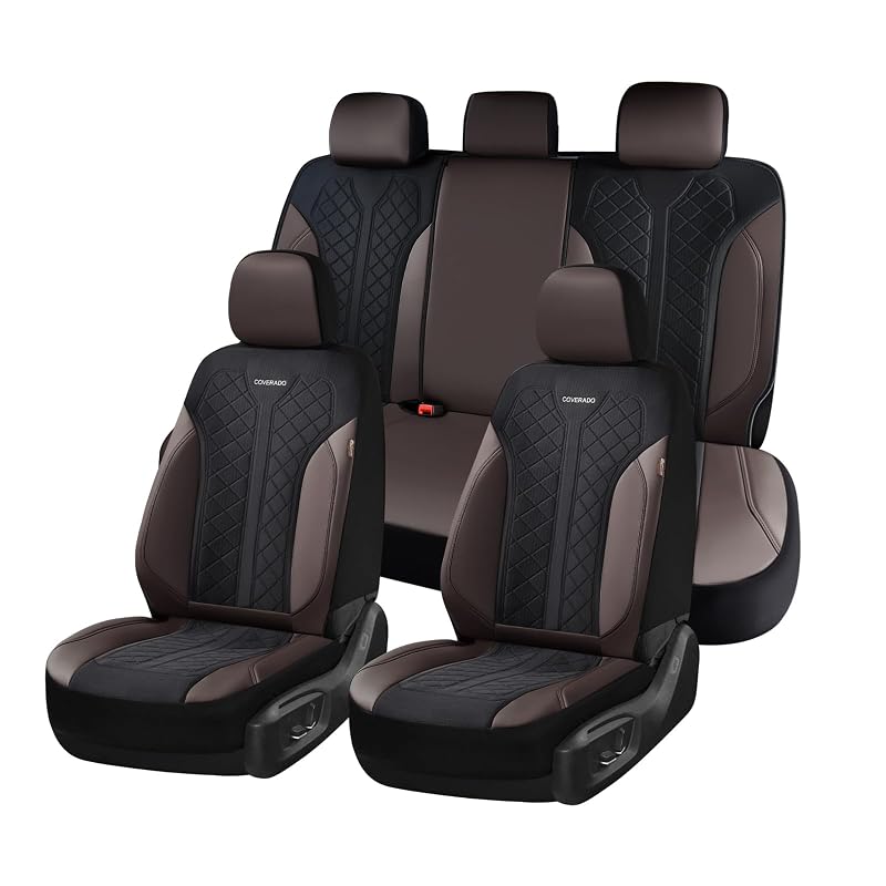 Capa para Banco de Carro Coverado em Couro Sintético com Tela Respirável, Kit Completo para 5 Lugares A-Coffee&Black