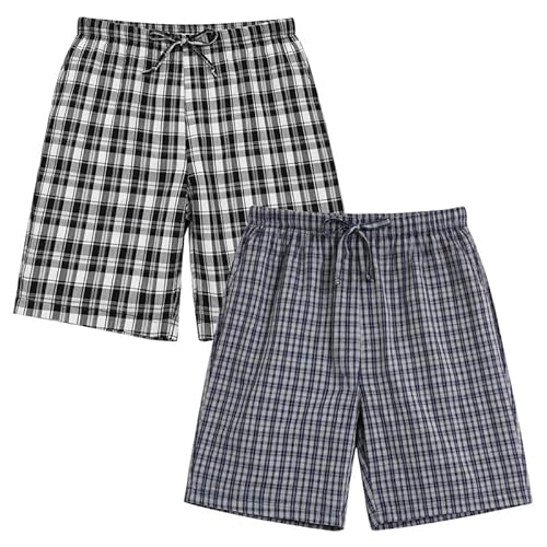 Marvmys Men's Pajama Shorts 2 Pack Plaid Sleep Shorts 100% Cotton Lounge Shorts Pj Bottoms with Pockets S-3XL Medium Black&grey Plaid