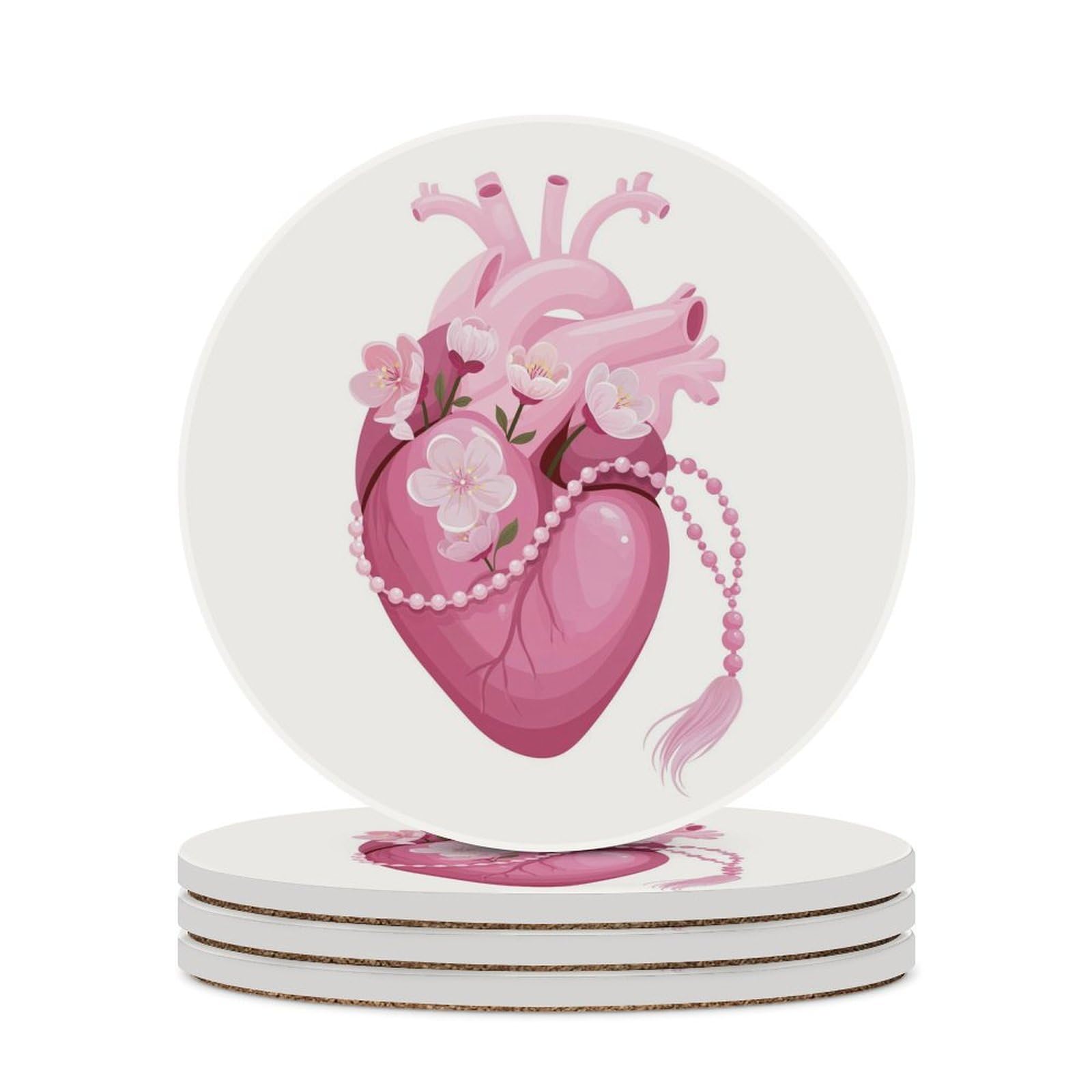 Pink Anatomical Heart with Flowers Coasters Set of 4 Absorbent Coasters