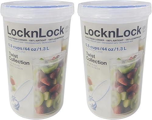 LocknLock Easy Essentials - Tapas de almacenamiento de alimentos Twist, recipientes herméticos, sin BPA, altas - 44 oz - para pasta, transparente