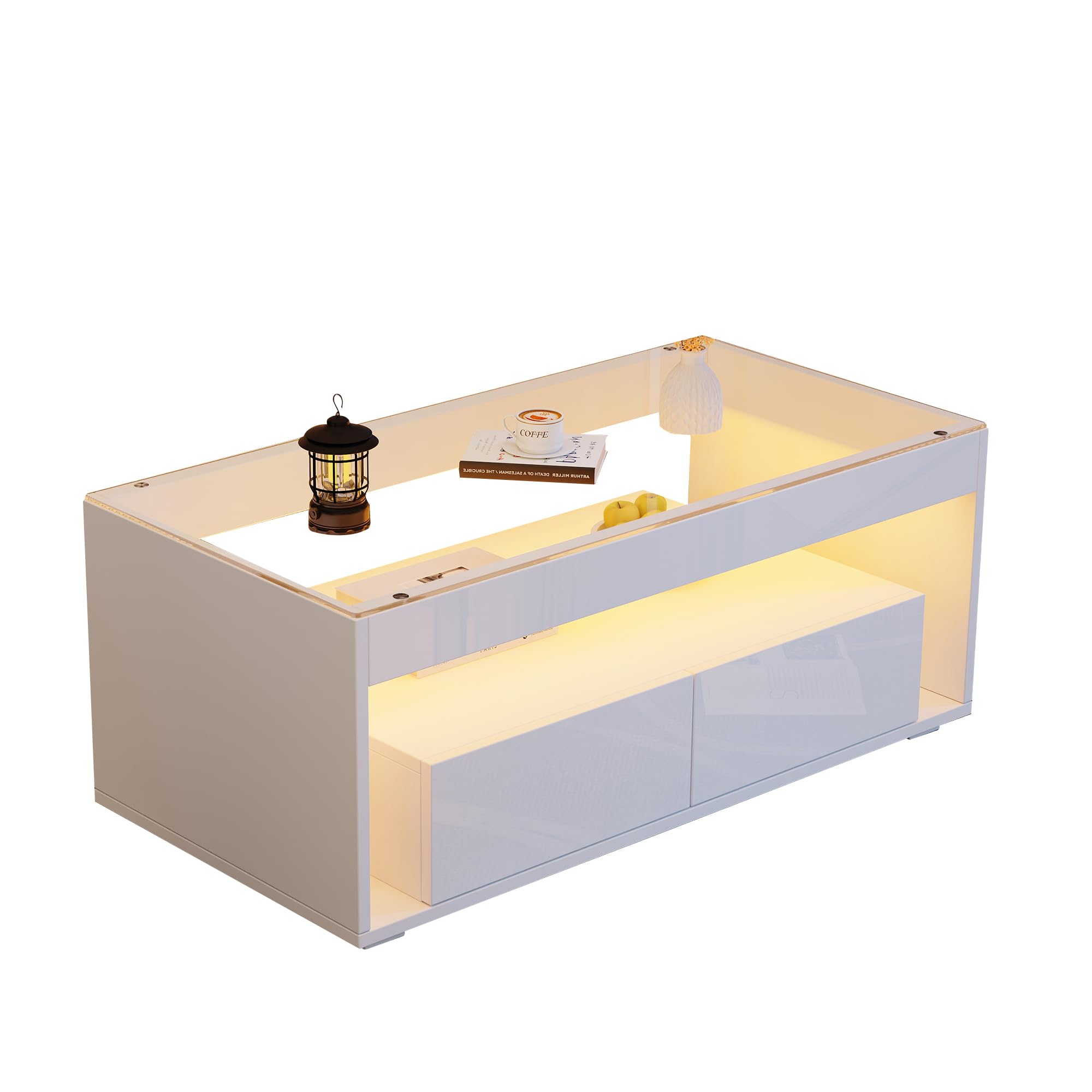 BTM 100x50x40cm Table Basse Moderne avec Éclairage LED, Rectangulaire avec 2 Grands Tiroirs, Spacieuse en Verre, Design à Double Couche, Brillant, Grande, Blanc