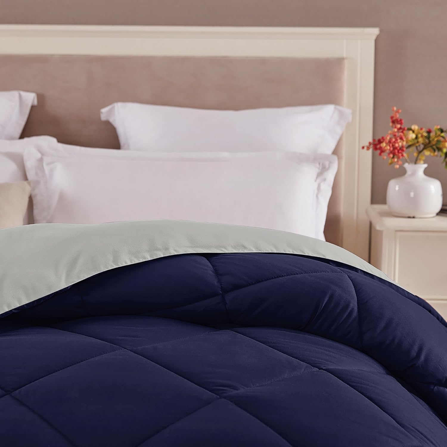 Twin XL Size Reversible Comforter Navy Gray, Boy Dorm All Season Bedding | Cooling Lightweight Microfiber Quilt, Box Stitching, Machine Washable, Back to School Essential, 63x90 inch