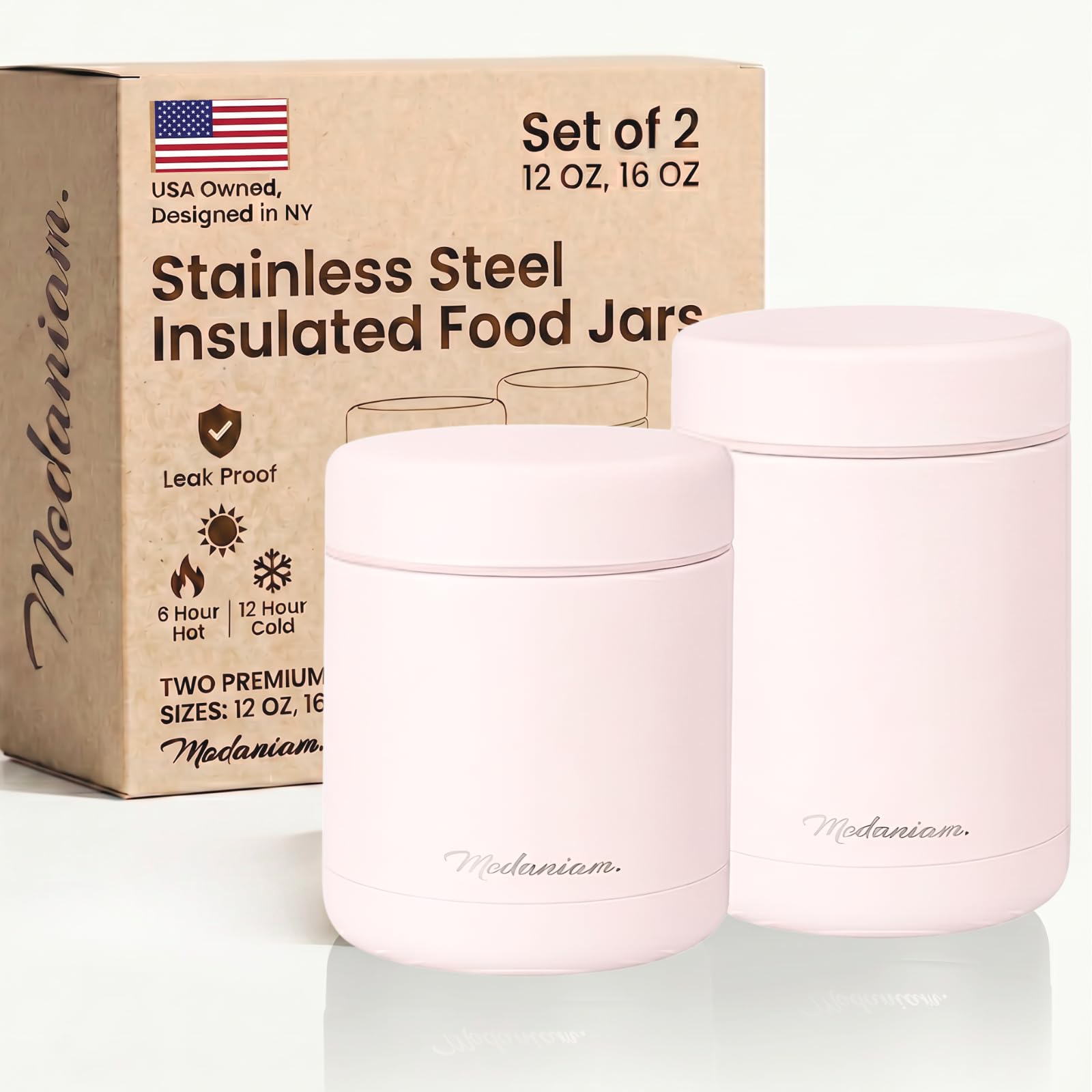 Modaniam Stainless Steel Insulated Food Jar Set of 2 (16oz + 12oz), Wide Mouth, Soup Ther…
