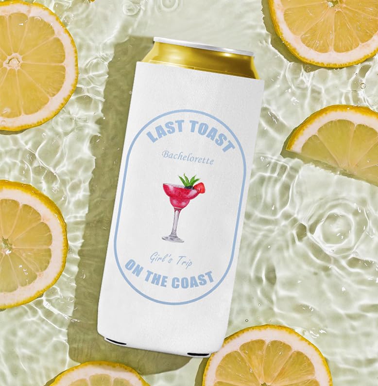 Image of Last Toast On The Coast Bachelorette Can Coolers - 12 Pack Beach Bach Party Skinny Drink Sleeves, Funny Bridesmaids Beer Cozy Bulk Gifts