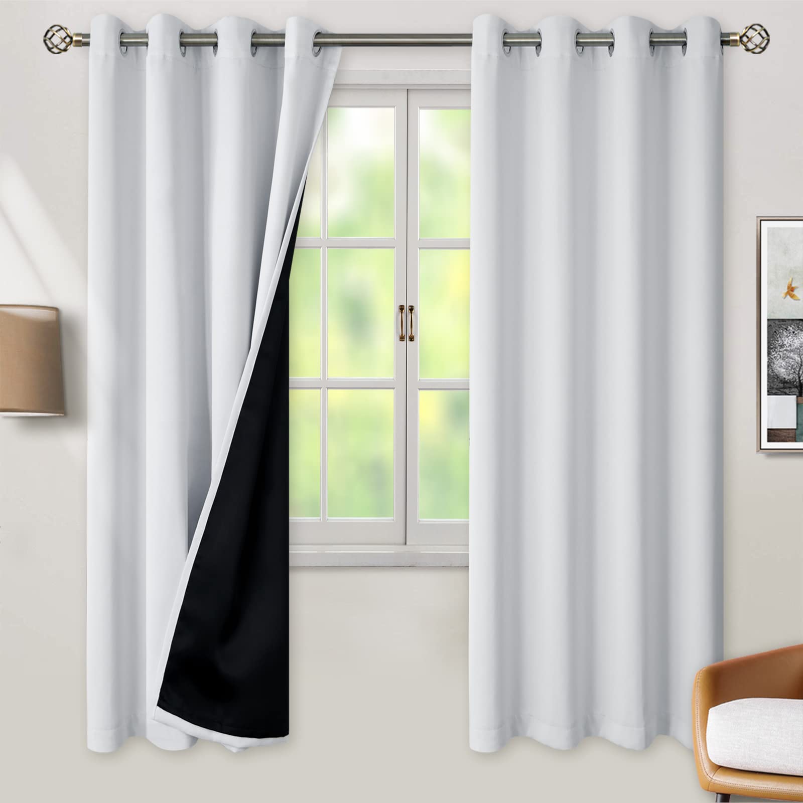 bgment greyish white 100% blackout curtains for bedroom 63 inch length 2 panels set, thermal insulated full light blocking grommet noise cancelling window curtains for nursery, 52 inch wide each
