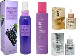 Max Love Kit Cuidados Faciais, Água Micelar Colágeno 250ml, Bruma Fixadora Uva, Sérum Esfoliante Ácido Mandélico, Sérum Preenchedor Rugas 30ml