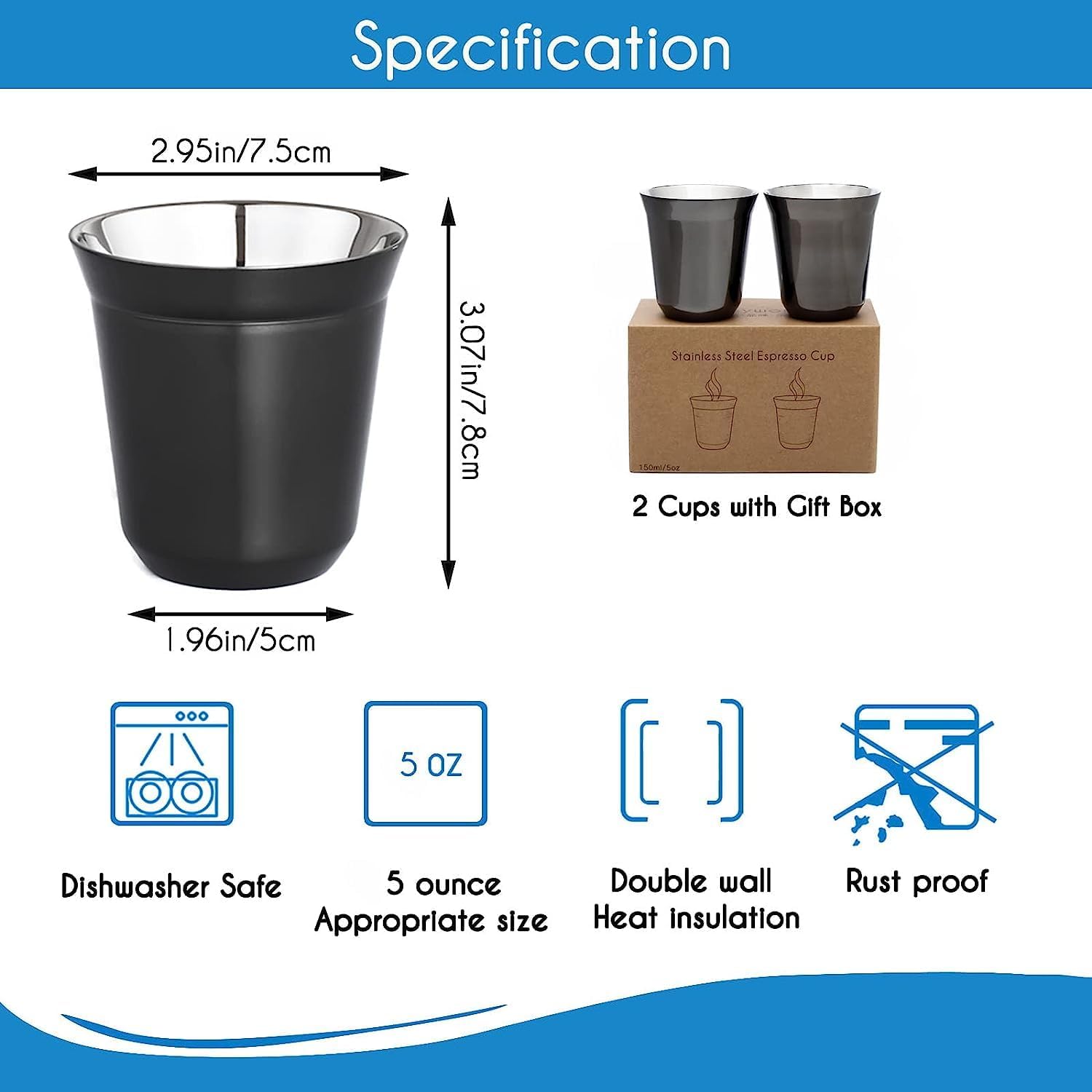 Easyworkz Eclipse French Press 12 oz, Bundled Stainless Steel Espresso Cup 2pcs Set Double Wall Insulated Metal Demitasse Cups 5 oz