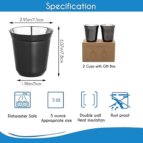 Miniatura 10 de Easyworkz Juego de 2 tazas de café expreso de acero inoxidable con aislamiento de doble pared de metal Demitasse Cups 5 oz