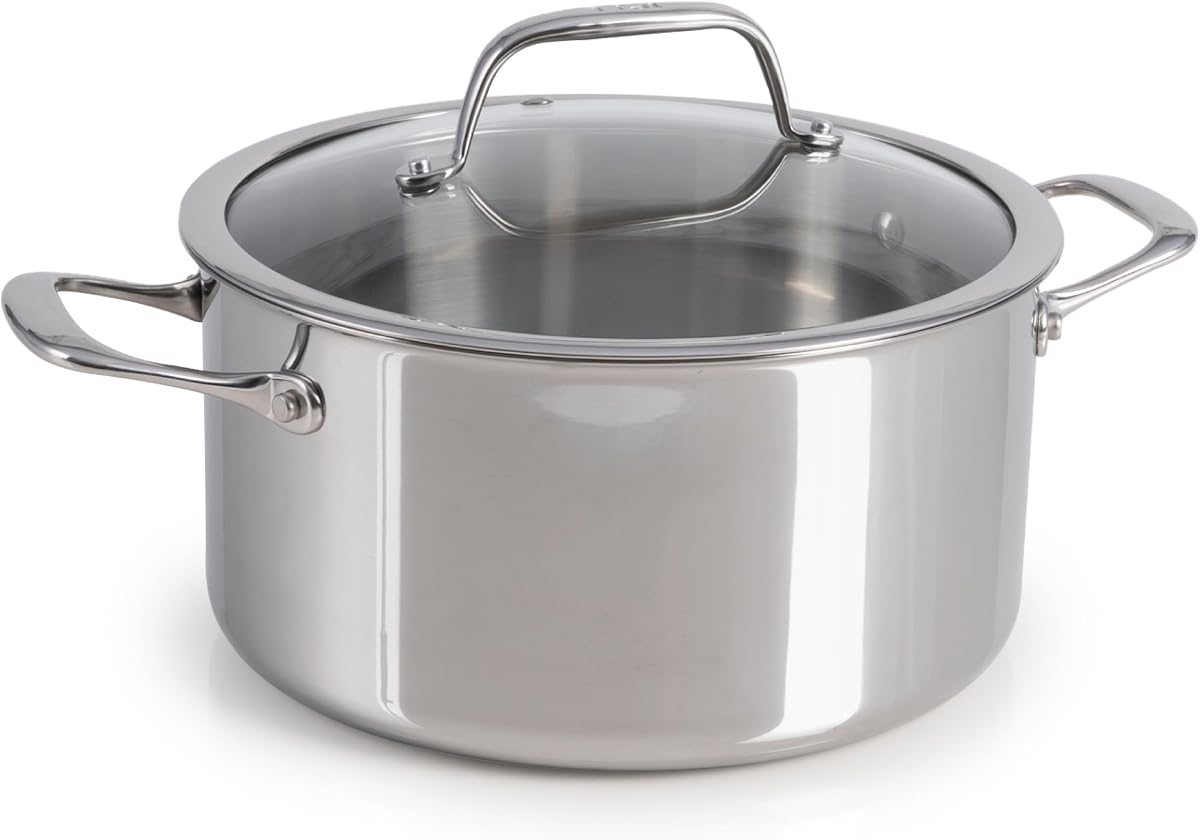 Pro Tri-Ply Stainless Steel 6 qt Dutch Oven Pot with Lid, Induction | NSF professional grade, Glass lid traps moisture, Oven safe to 500 F, Braising and stewing use, Built-in measuring marks