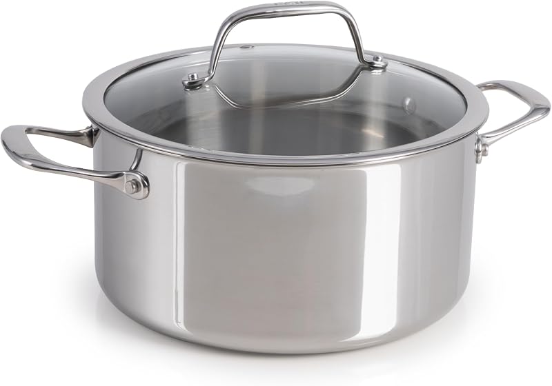 Pro Tri-Ply Stainless Steel 6 qt Dutch Oven Pot with Lid, Induction | NSF professional grade, Glass lid traps moisture, Oven safe to 500 F, Braising and stewing use, Built-in measuring marks