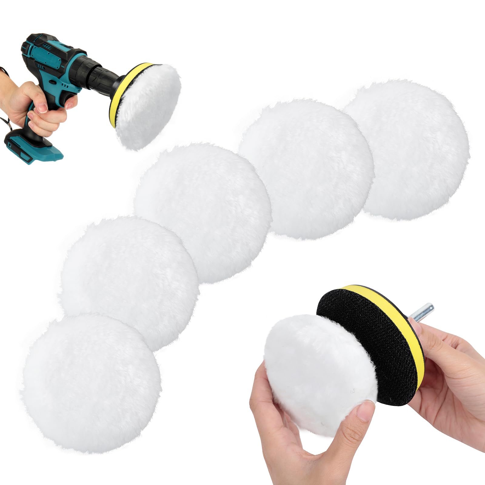 AiQInu 7 Stücke Polieraufsatz Akkuschrauber Set, 125mm Polierscheibe Bohrmaschine Polierpad, Wolle Polierteller, Auto Polierhaube für Autopolieren Schleifen und Wachsen, mit M10-Bohreradapter