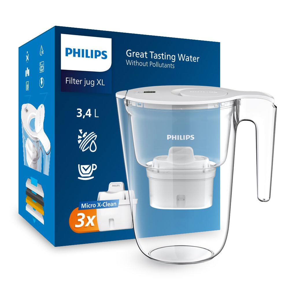 Philips Water XL Filter Jug +3 Taste+ Replacement Filter Cartridges, Fast flow, White, 3.4 litres, Electronic timer