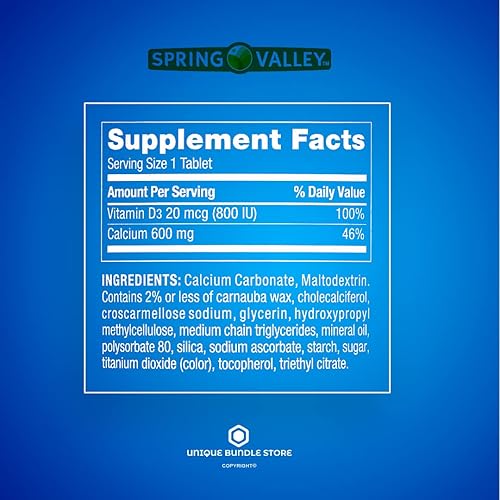 Miniatura 5 de Spring Valley, Calcio 600 mg con vitamina D3, suplemento dietético, suplemento de calcio 600 mg, 250 unidades + organizador de píldoras de 7 días