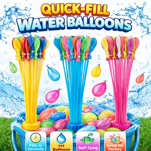 Image of Rozi Decoration Happy Holi Quick Fill Water Balloons Set with Hose Adapter | Self Sealing Water Balloons for Kids Outdoor Water Play | Pack of 3 Bunches (Approx. 111 Balloons) Holi Decoration Items