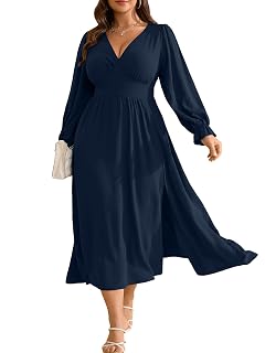RWJ Plus Size Wedding Guest Dress for Women Deep V Neck Long Sleeve High Waist Slit Formal Cocktail Party Fall Maxi Dresses - Amazon product rated Grade A