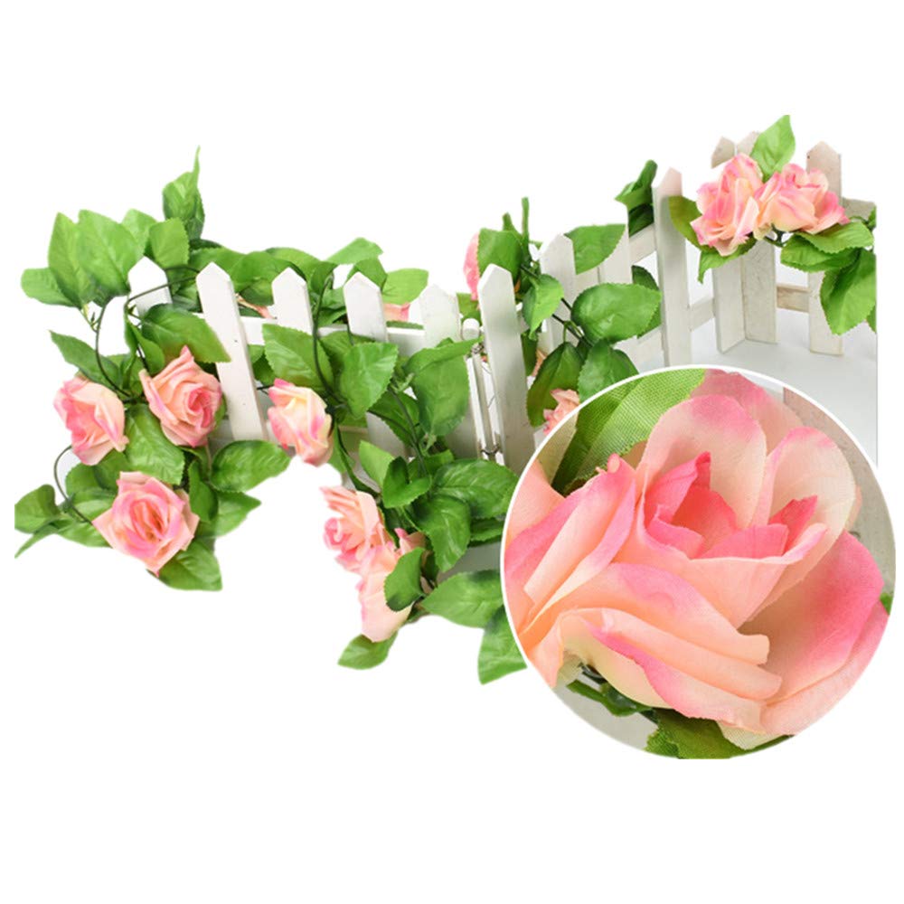JT New 2pcs 2.4M/lot Silk Rose Flower Vine Artificial Flowers for Home Wedding Decor Decorative Artificial Flower Garland (Pink)