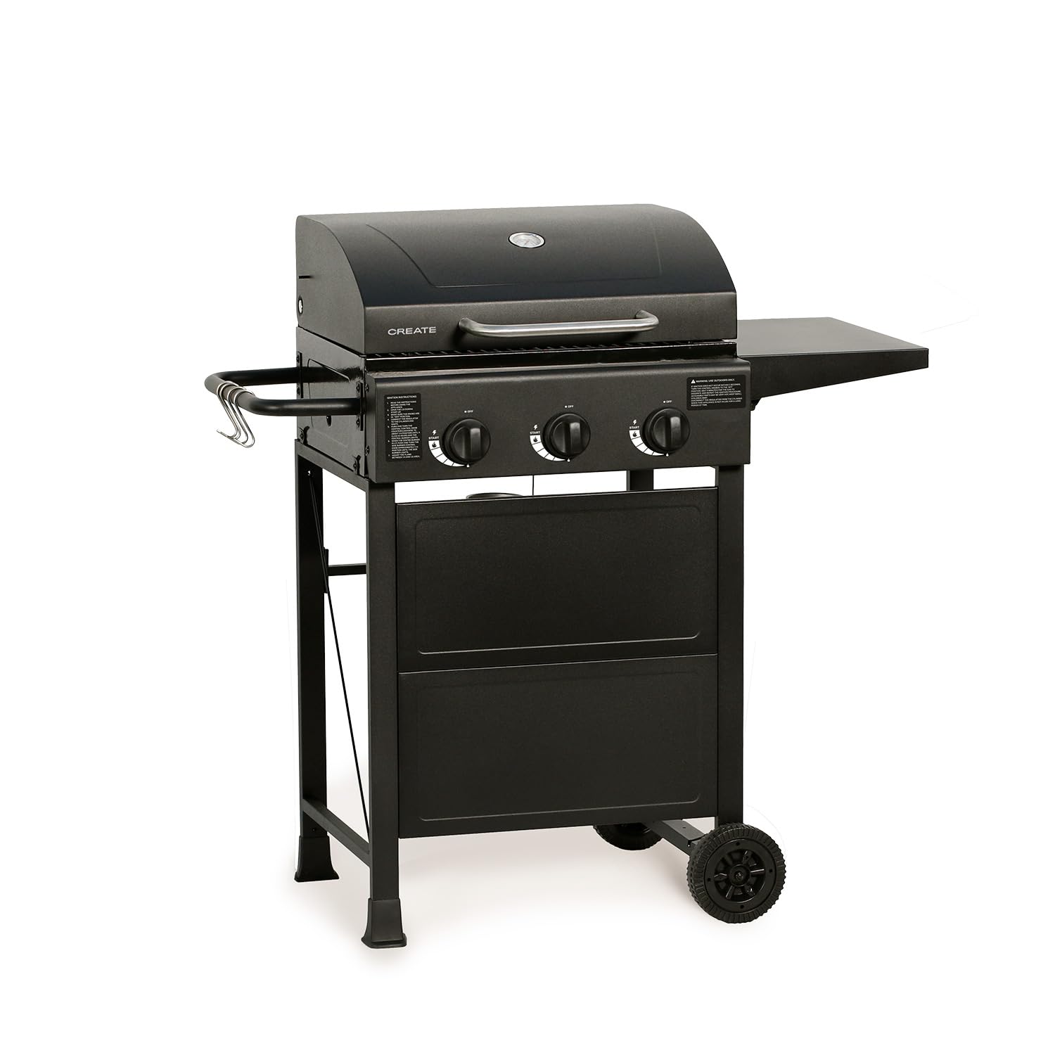 CREATE/BBQ GAS BURNER/Barbacoa de gas de 3 quemadores y mesa abatible/Encencido con botón, gran superficie de cocinado, rejilla de calentamiento, 9kW