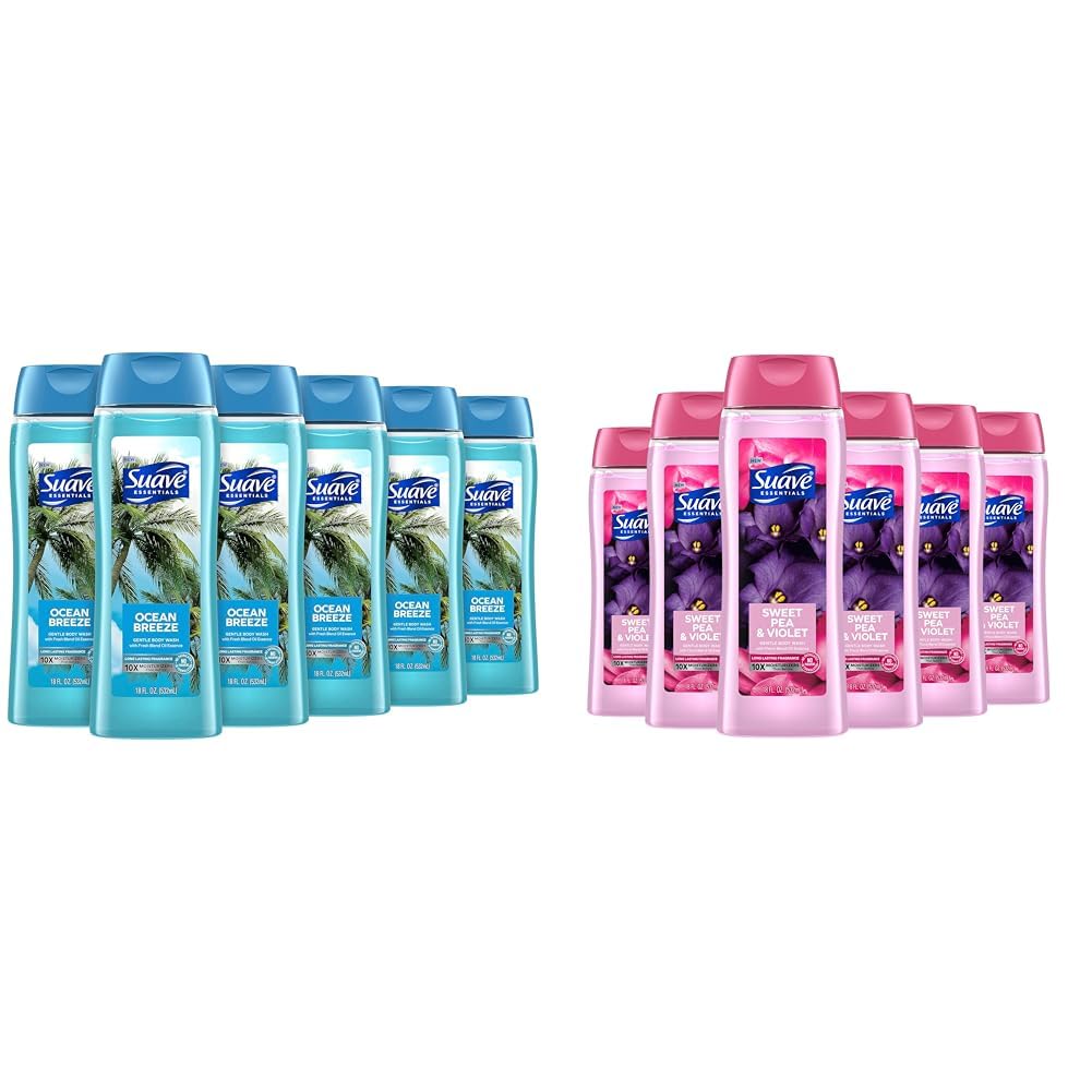 Suave Body Wash Bundle with Ocean Breeze and Sweet Pea Violet Scents, Vitamin E, 18 Oz Packs of 6