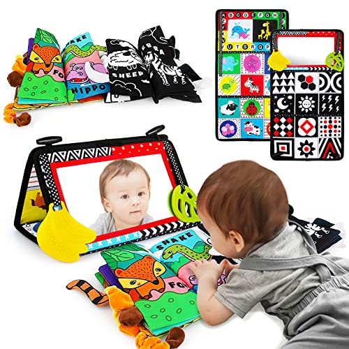 Image of teytoy Tummy Time Mirror,Tummy Time Toys with Soft Crinkle 3D Cloth Book and Teethers Toys, Black and White Sensory Toys High Contrast Newborn Infant Baby Toys 0-6 Months Decorations