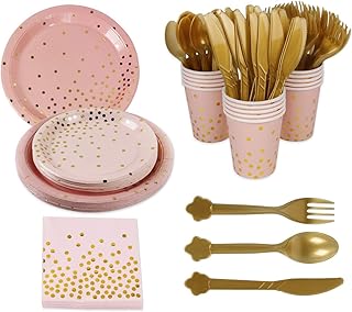 168pcs Pink Gold Party Supplies Disposable Tableware - Paper Dinnerware, Paper Plates, Cutlery, Napkins, Cups, Cutlery (Spoons, Forks, Knives) for Wedding, Girl birthday party, Baby Shower, Serves 24