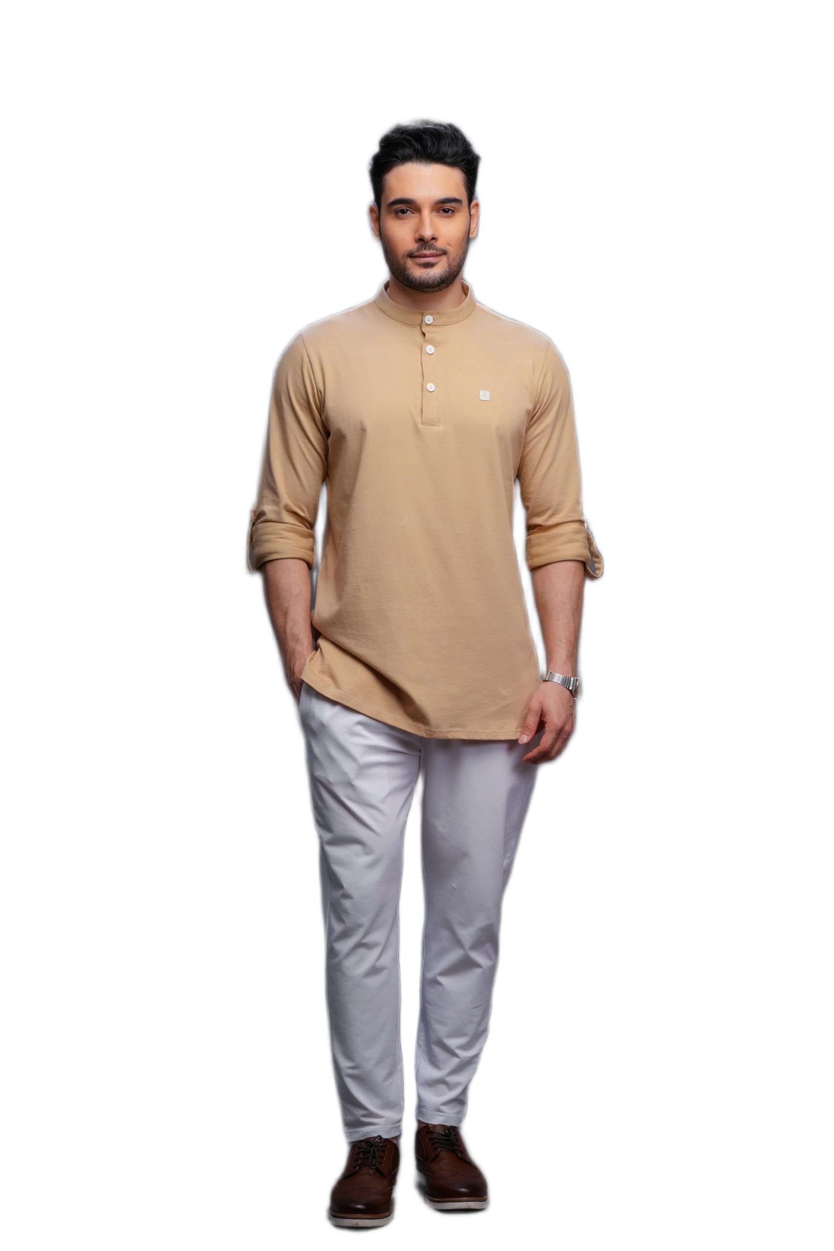 mashroo Men's Kurta Pajama Set Beige Small Cotton Elastic Knitted with Elastic Pant Casual Wear Band Neck-picture-31