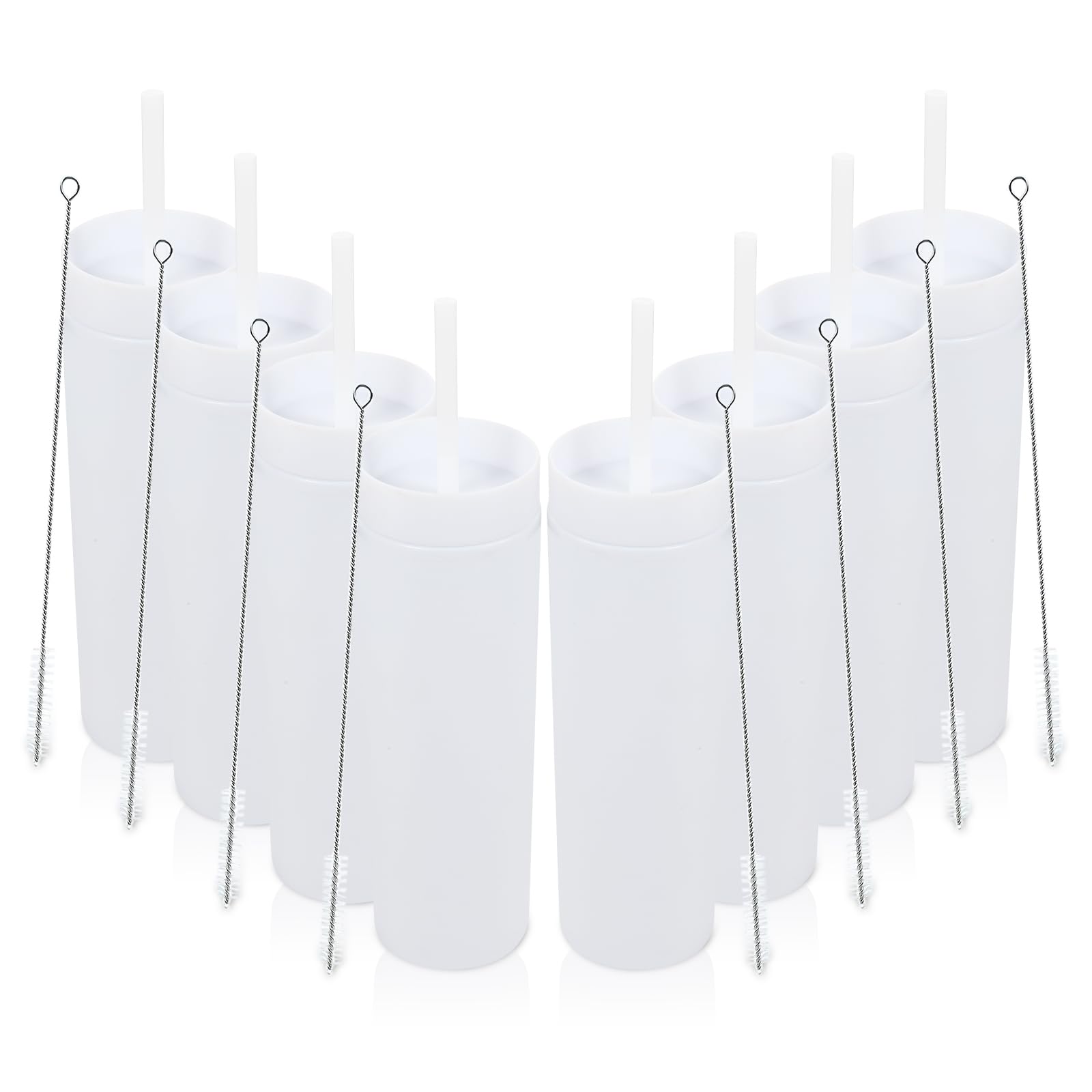 Volhoply 16oz Tumbler with Lid and Straw 8 Pack,Double Wall Plastic Skinny Tumblers Bulk,480ML Reusable Cute Coffee Mug,BPA Free Matte Acrylic Water Cups with Straw for Parties,DIY Gifts(White,8 Set