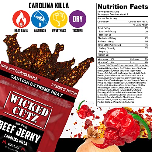 Image of Wicked Cutz Carolina Killa Super Spicy Beef Jerky, 27g Protein Per Bag, Tender & Easy to Chew Alternative to Beef Sticks with Carolina Reapers, USA Made High Protein Carnivore Snacks (2 Bags)