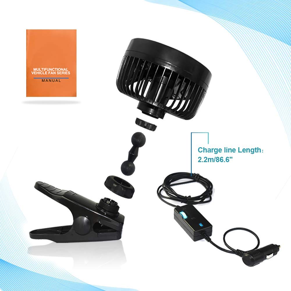 Yerloa 6" Auto Ventilator 12V 360 Grad drehbar stufenlose Geschwindigkeit mit verstellbarem Clip Zigarettenanzünder-Stecker für Fahrzeug LKW Wohnmobil SUV