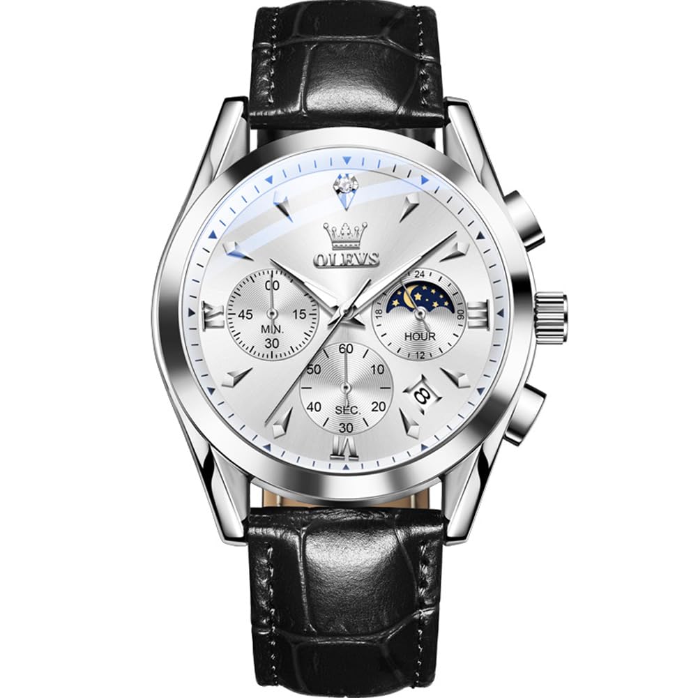 OLEVSMen's Leather Analog Quartz Watch - Luxury Chronograph Wristwatch With Date, Waterproof, Luminous - Dress Style