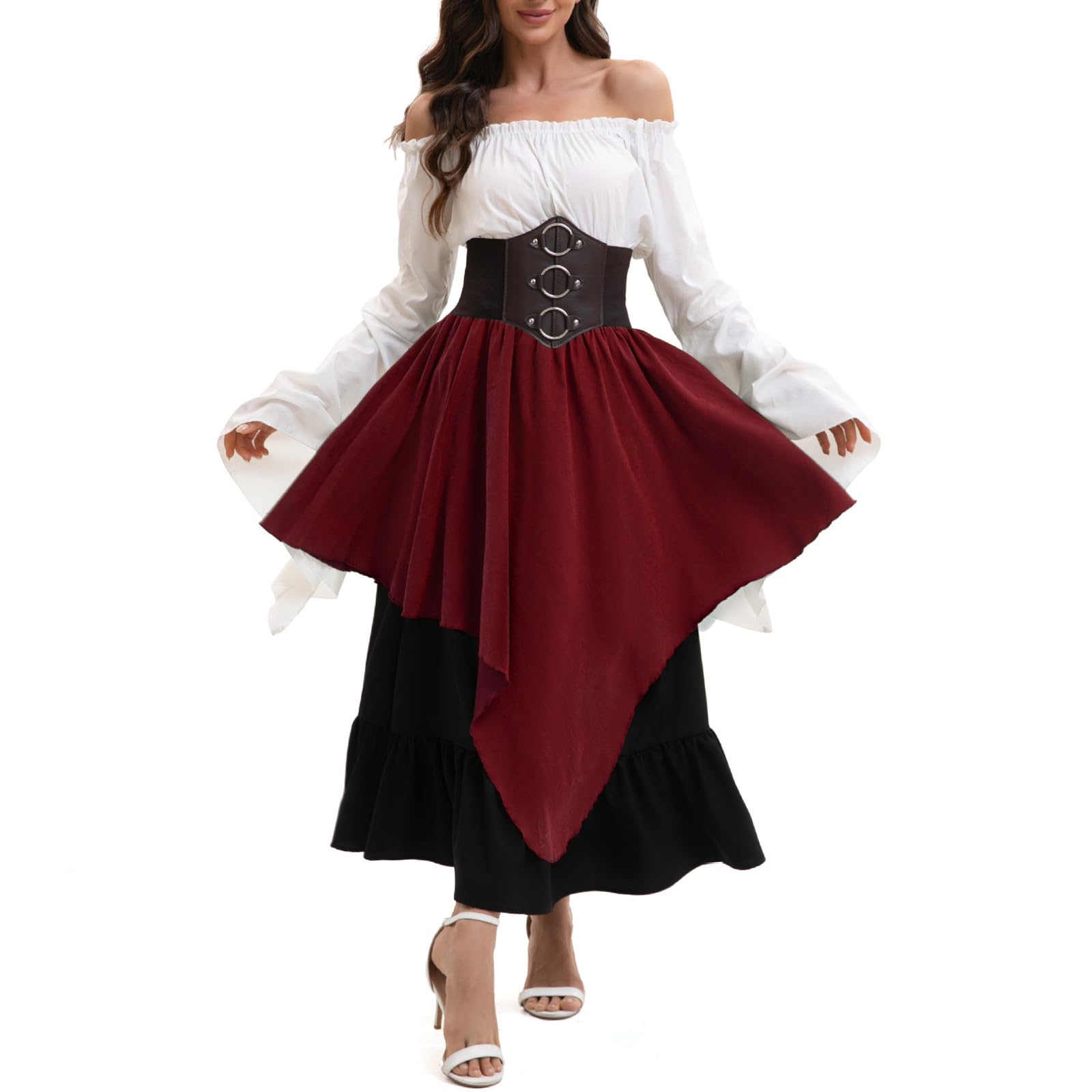 Renaissance Kostüm Damen Mittelalter Kleid Langarm One Shoulder Kleid Maxi | Glockenärmel Gothic Kleidung, Corsagenkleid, Faschingskostüm, Viktorianisches Kostüme, für Cosplay Karneval Halloween