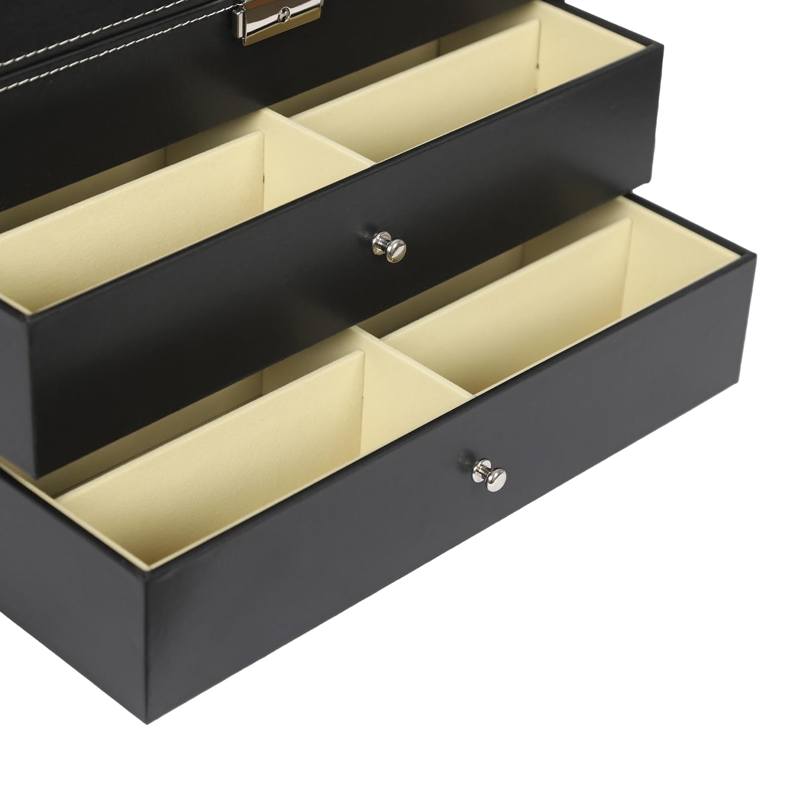 Brillenbox zur Aufbewahrung von 24 Brillen, Dreistufige Brillenkoffer mit Schloss und Schlüssel, Brillenkasten Brillenaufbewahrung für Sonnenbrille, Schwarz, 34 x 25 x 19 cm