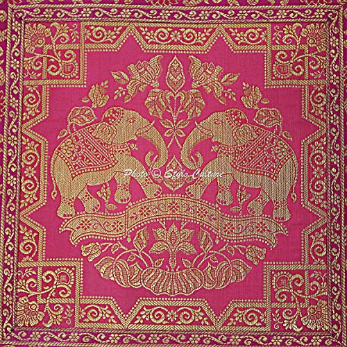 Image of Decorative Brocade Cushion Covers 16x16 Inch Banarasi Jacquard Weave Magenta & Gold Living Room Decor Elephant Traditional Square 40x40 cm Zippered Sofa Settee Pillowcases -Set of 2 Pcs