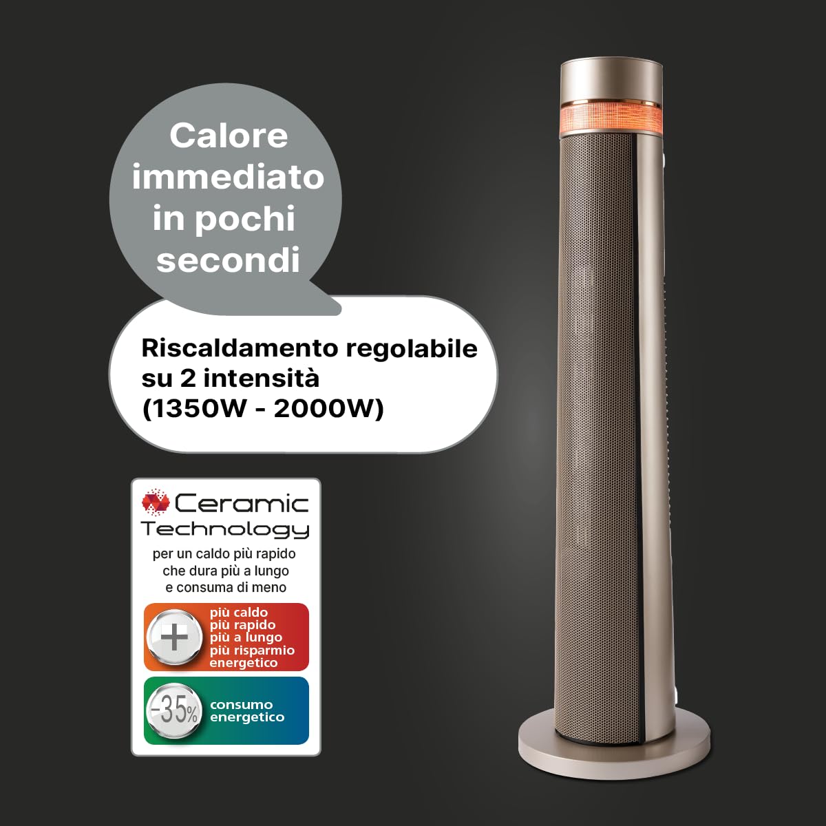 MACOM, Potente Termoventilatore Ceramico a Torretta, Silenzioso e di Design, con Telecomando, 2000W, Enjoy & Relax 944 Light Ceramic Tower